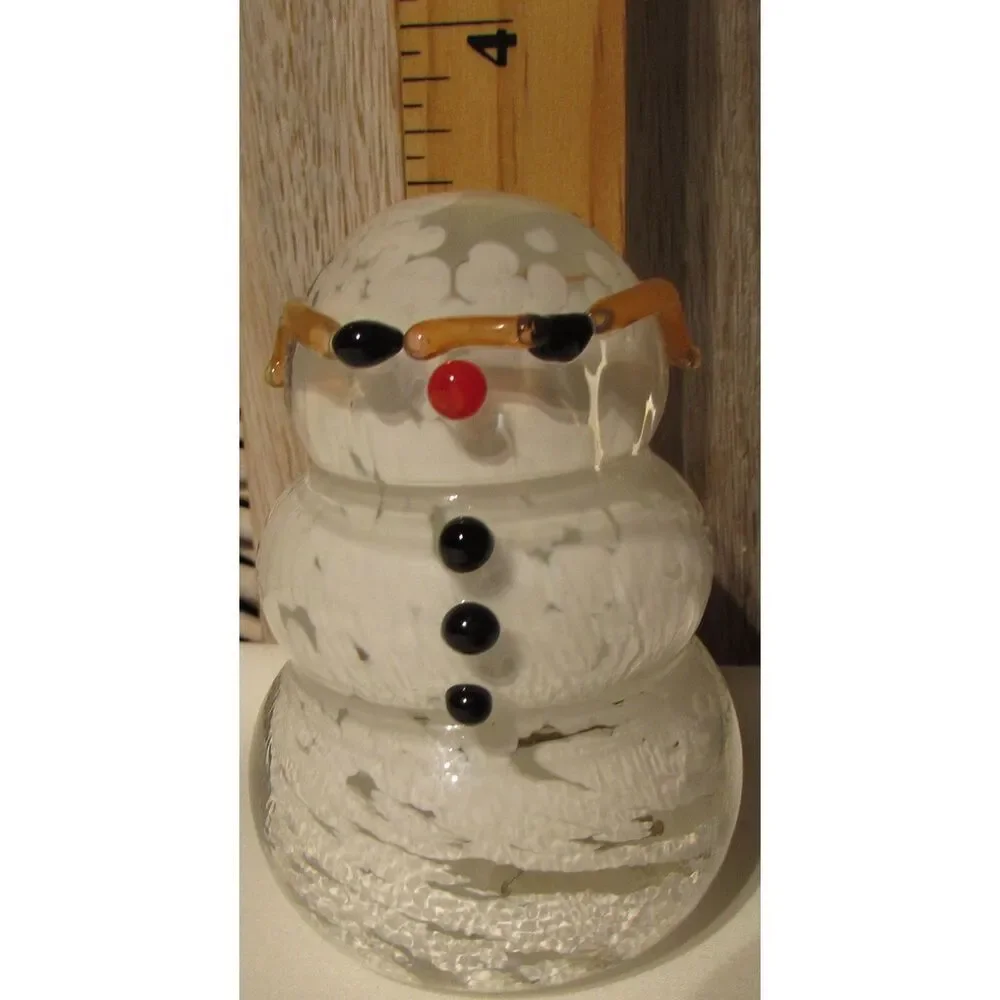 Glass paper weight snowman with glasses signed winter Christmas applied glass